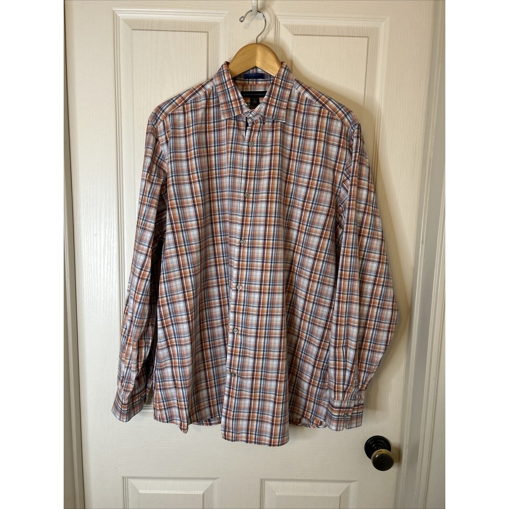 Banana Republic men's XL Shirt orange gray white plaid long sleeve - Picture 2 of 12